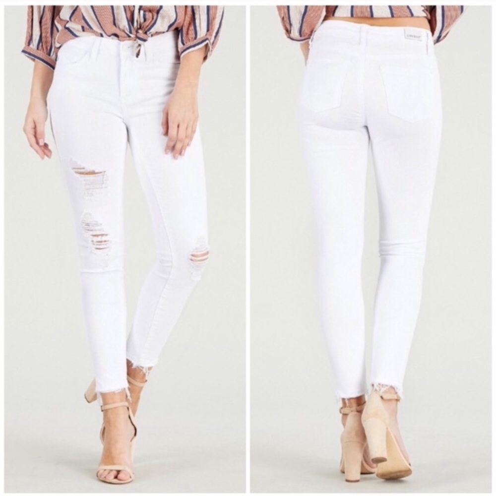 White Mid Rise Destroyed Hem Cropped Skinny Jeans
